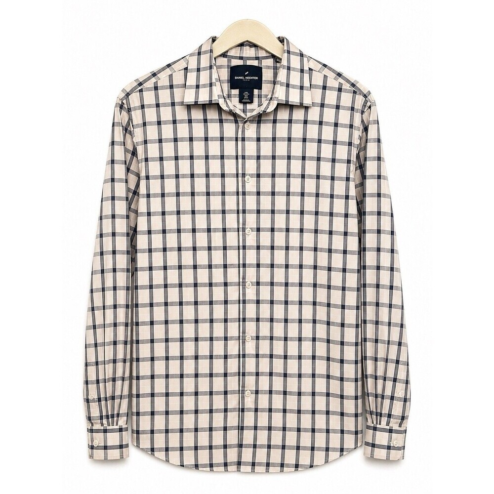 Daniel Hechter Men's Dress Shirt L Regular Beige/Blue Check Cotton Spread 32/33